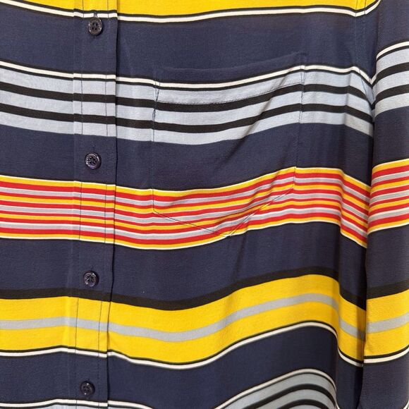Equipment Femme Shirt Womens Small Navy Blue Striped 100% Silk Button‎ Up Top - Picture 10 of 15